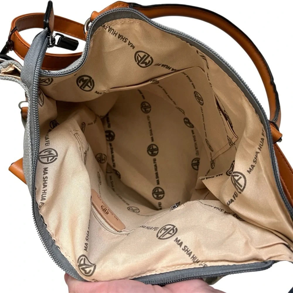 Paris Graphic Canvas Crossbody Tote Bag Gray Cognac Travel Messenger Purse